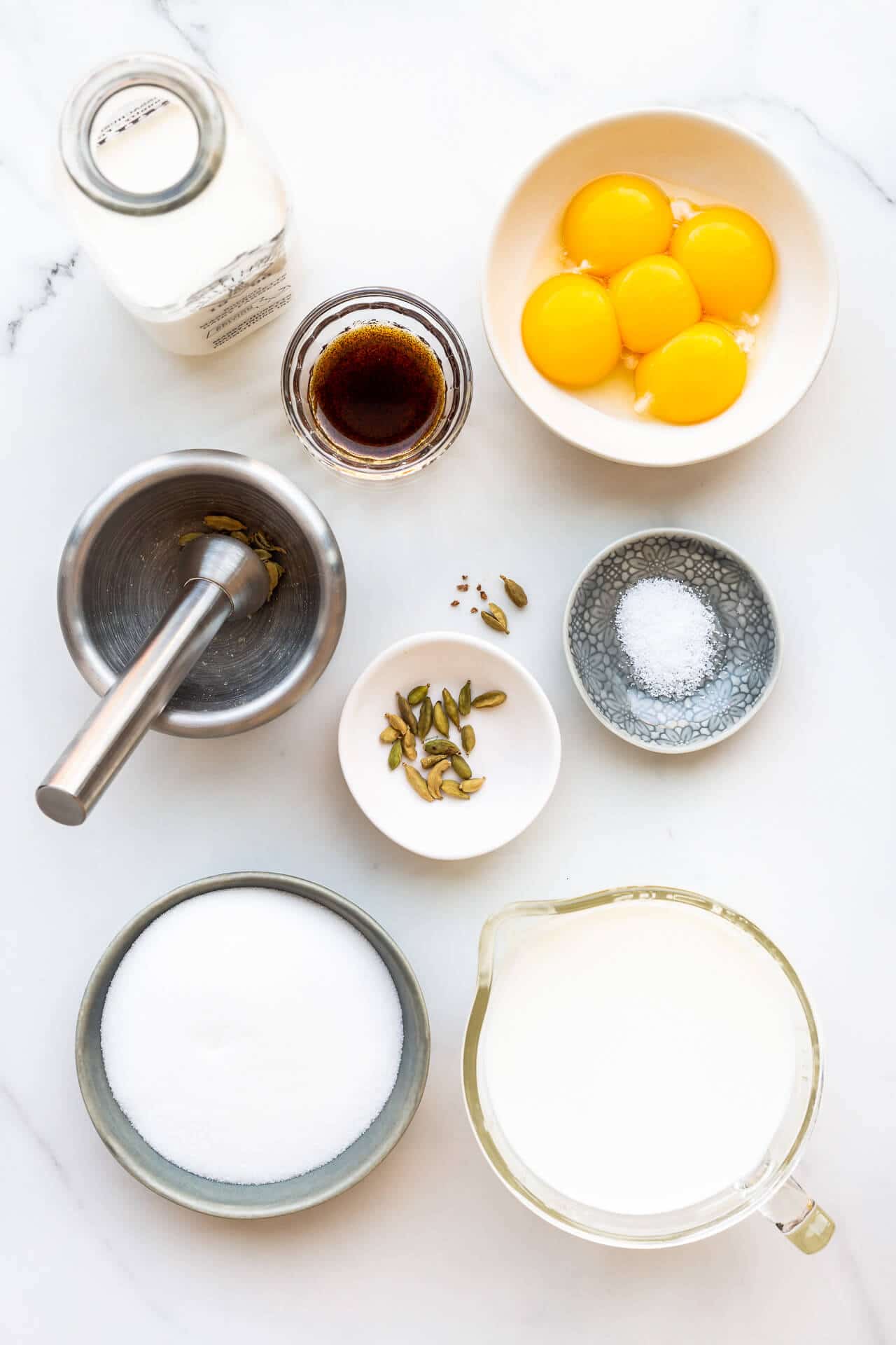 Ingredients for cardamom ice cream measured out and ready for cooking