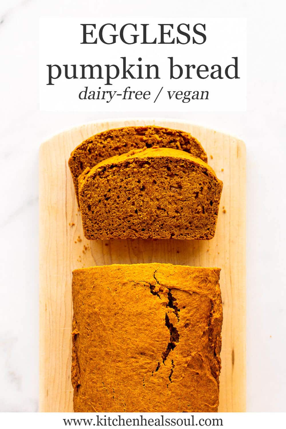 Sliced eggless pumpkin bread on wood cutting board