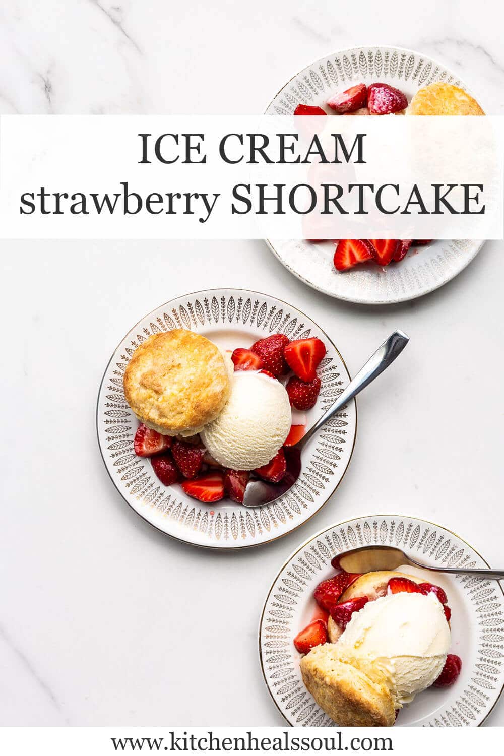 Ice cream strawberry shortcakes with biscuits on dessert plates
