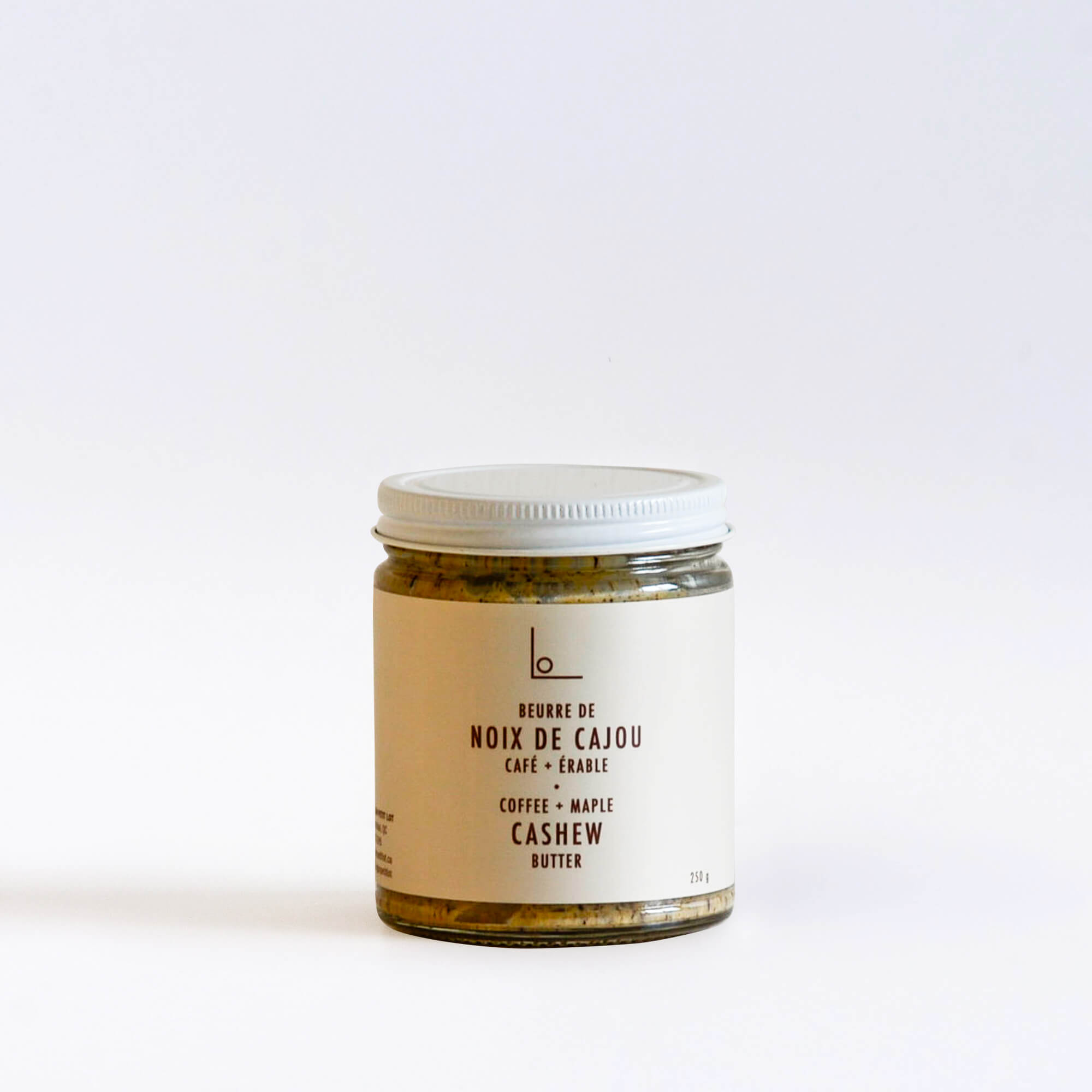 A jar of coffee maple cashew butter from Logan Petit Lot