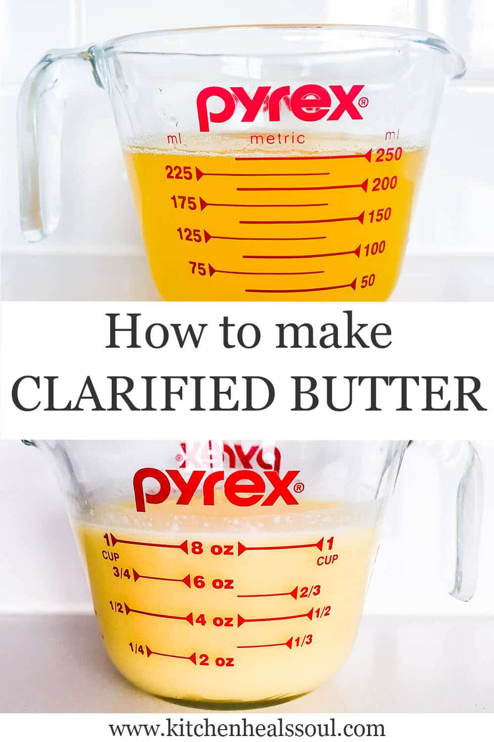 Pyrex measuring cups filled with liquid clarified butter (golden) and solid clarified butter (opaque).
