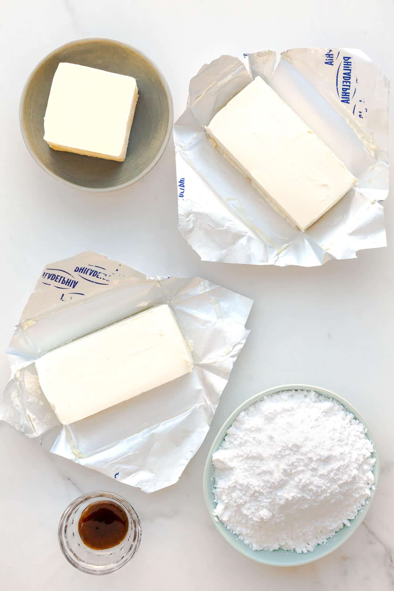 Ingredients to make thick cream cheese frosting with less sugar.