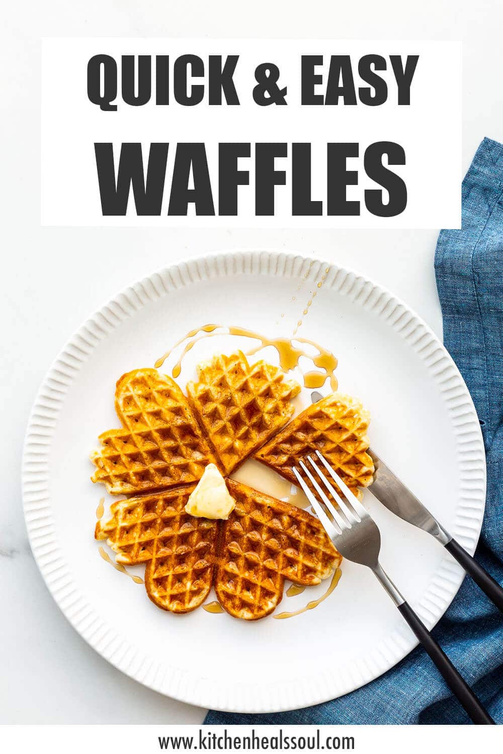 Plate of plain waffles with maple syrup and butter.