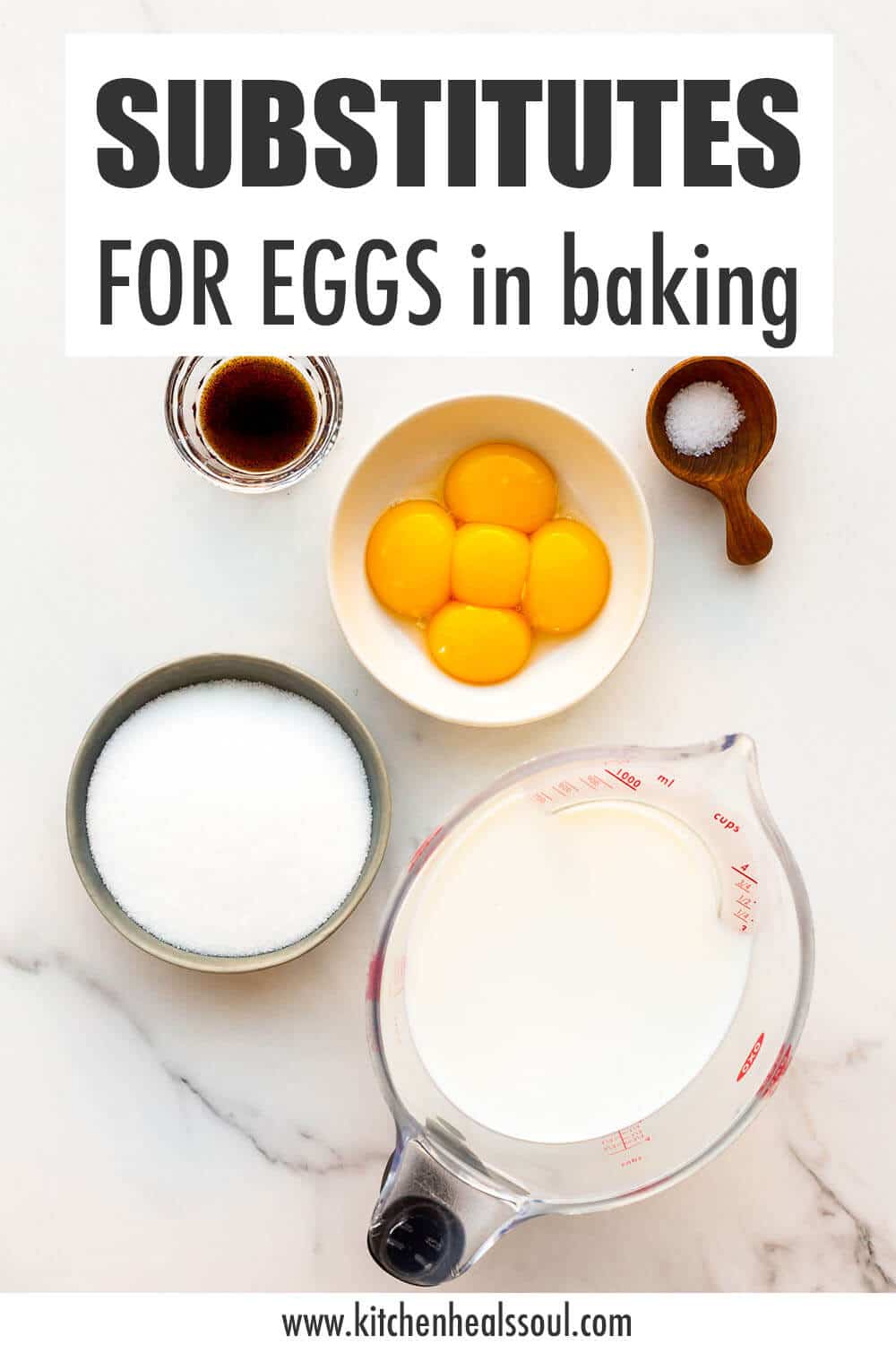 Ingredients measured out, including egg yolks, to illustrate substitutes for eggs in baking.