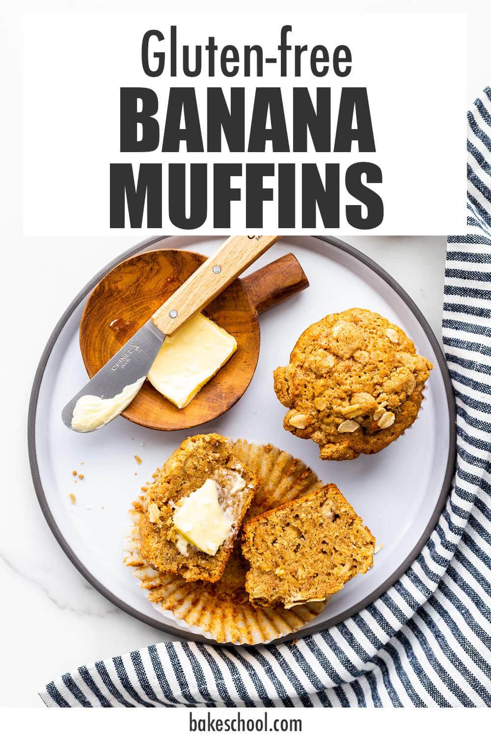 Banana muffins on a grey ceramic plate with butter and a striped napkin.