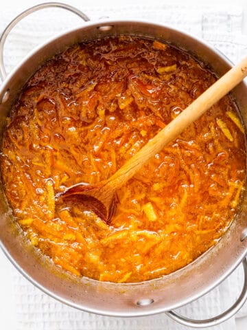 A pot of homemade marmalade ready to be canned in jars.