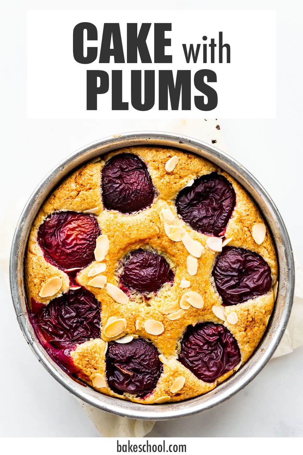 Cake with plums and sliced almonds, baked in a springform pan.