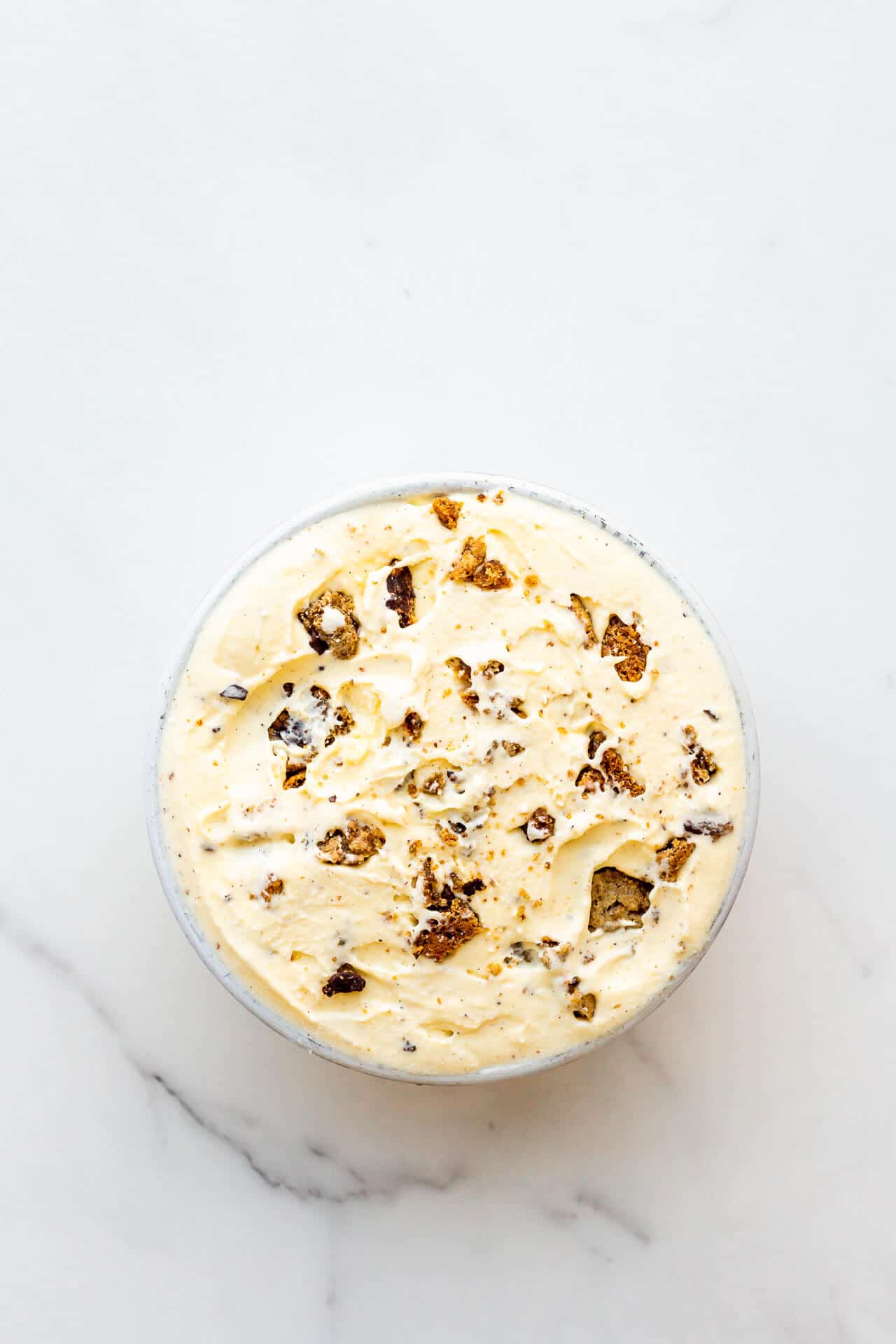 Homemade chocolate chip cookie ice cream ready to be scooped.