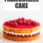 Framboisier cake topped with fresh raspberries on a terrazzo board.