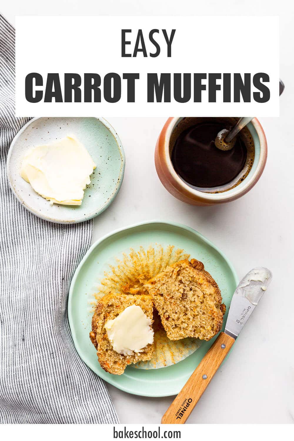 Freshly baked carrot muffin on a plate, split open and buttered. Served with a cup of coffee.