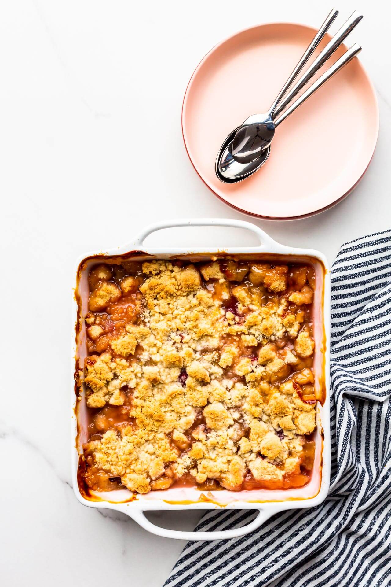 Freshly baked rhubarb crumble ready to be served.