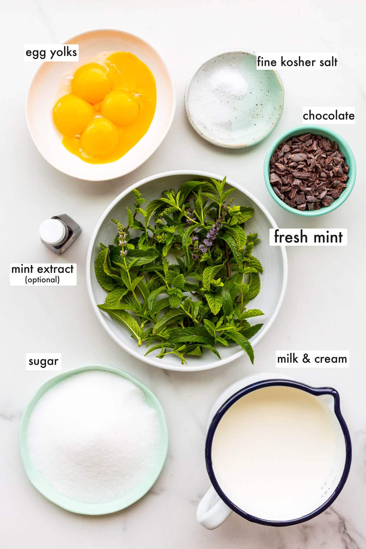 Ingredients for homemade mint chocolate chip ice cream measured out, including egg yolks, salt, fresh mint leaves, mint extract (optional), sugar, milk, and cream.