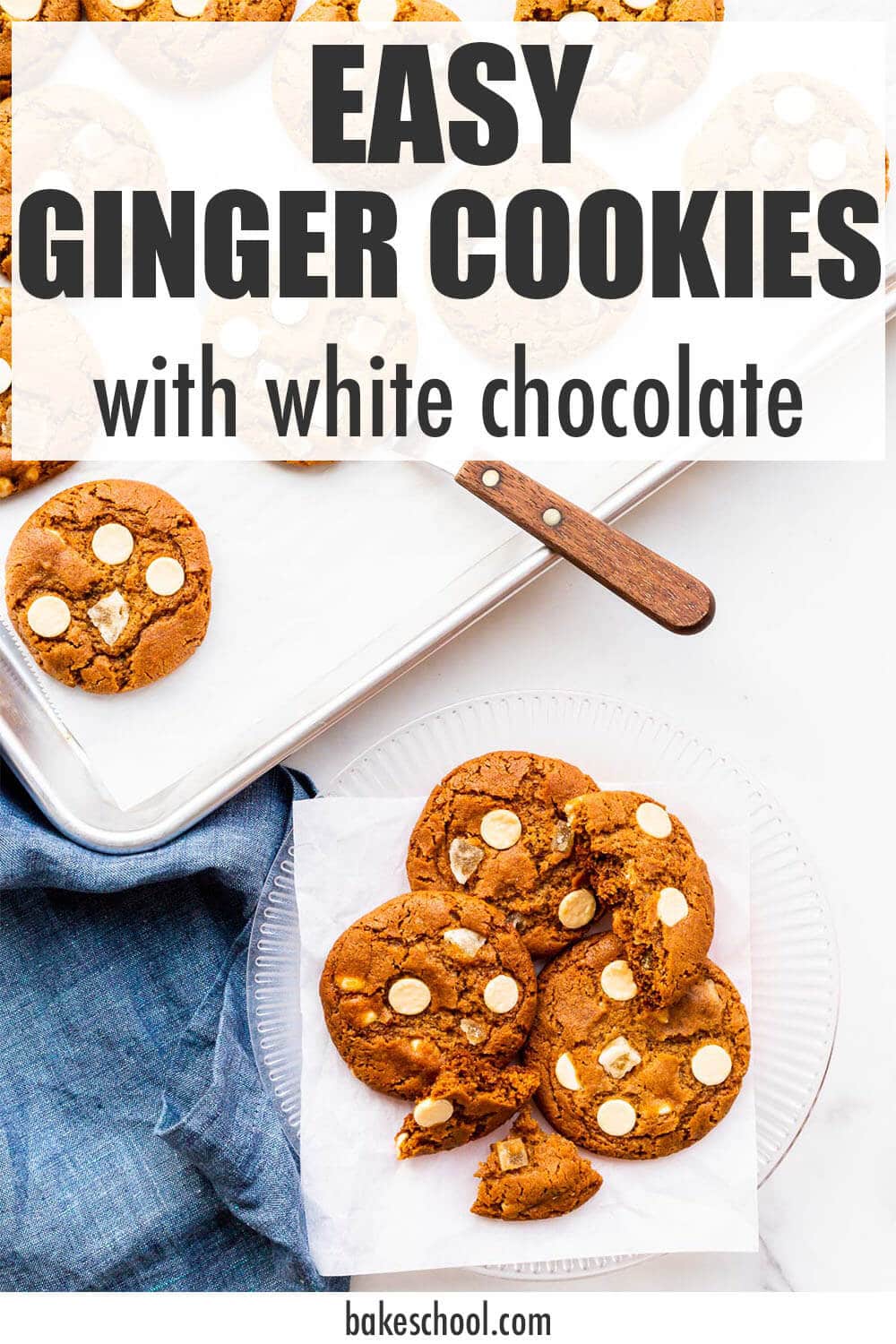 Transferring freshly baked ginger white chocolate cookies from the sheet pan to a plate.