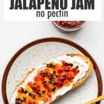 Pepper jam and cream cheese on bread.