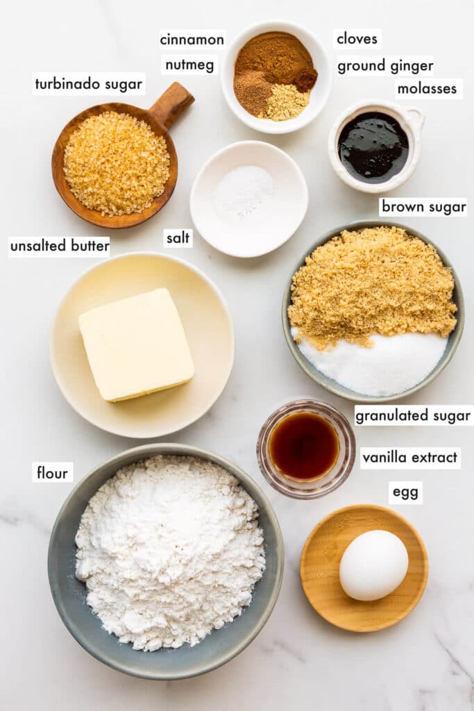 Ingredients to make easy gingerbread cookies measured out.