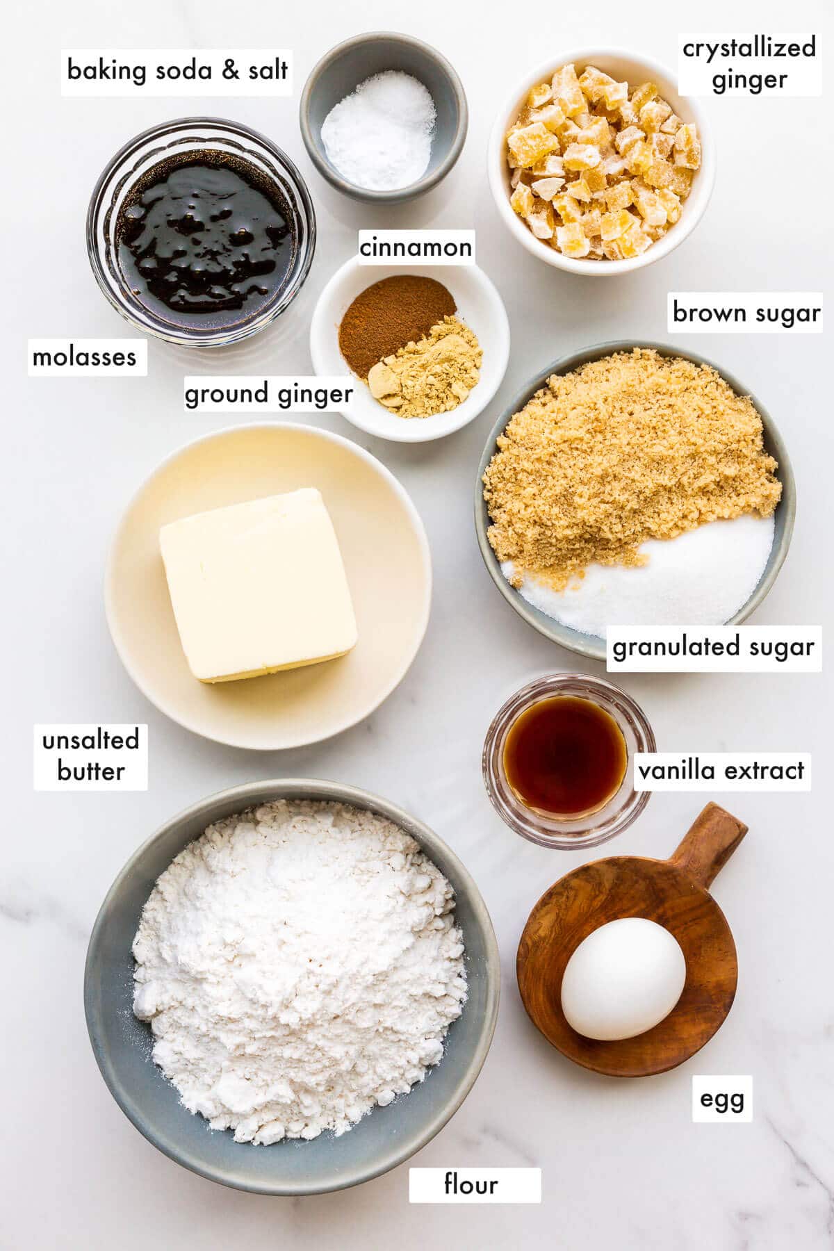 Ingredients to make ginger cookies measured out and ready to be mixed.