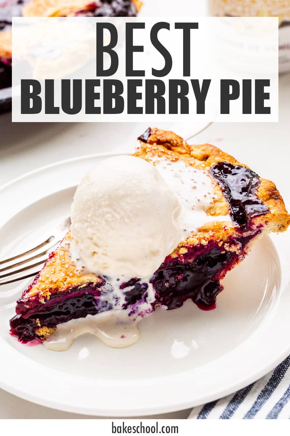 A slice of blueberry pie served à la mode with a scoop of vanilla ice cream on top, melting slowly.