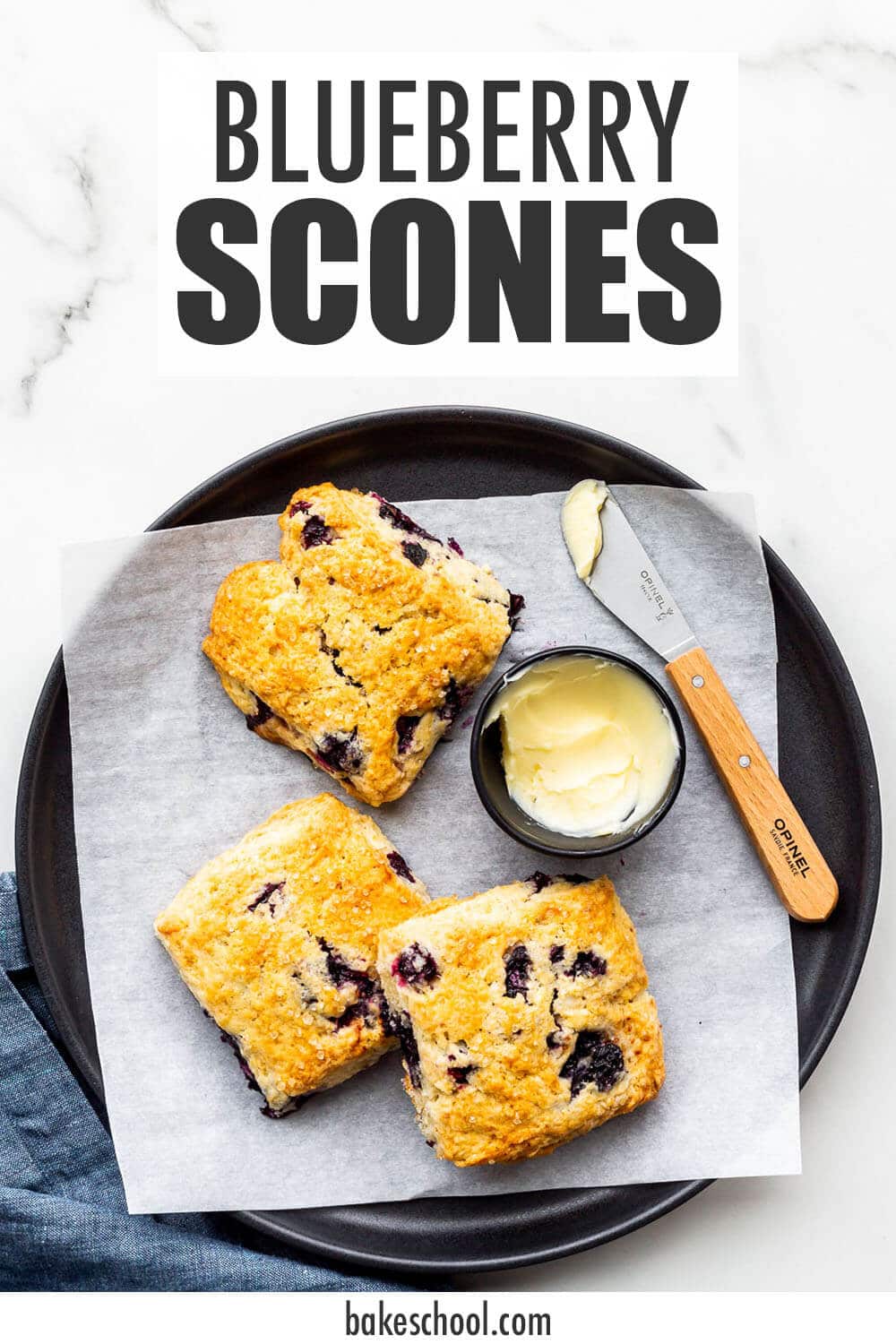 A plate of blueberry scones served with butter.