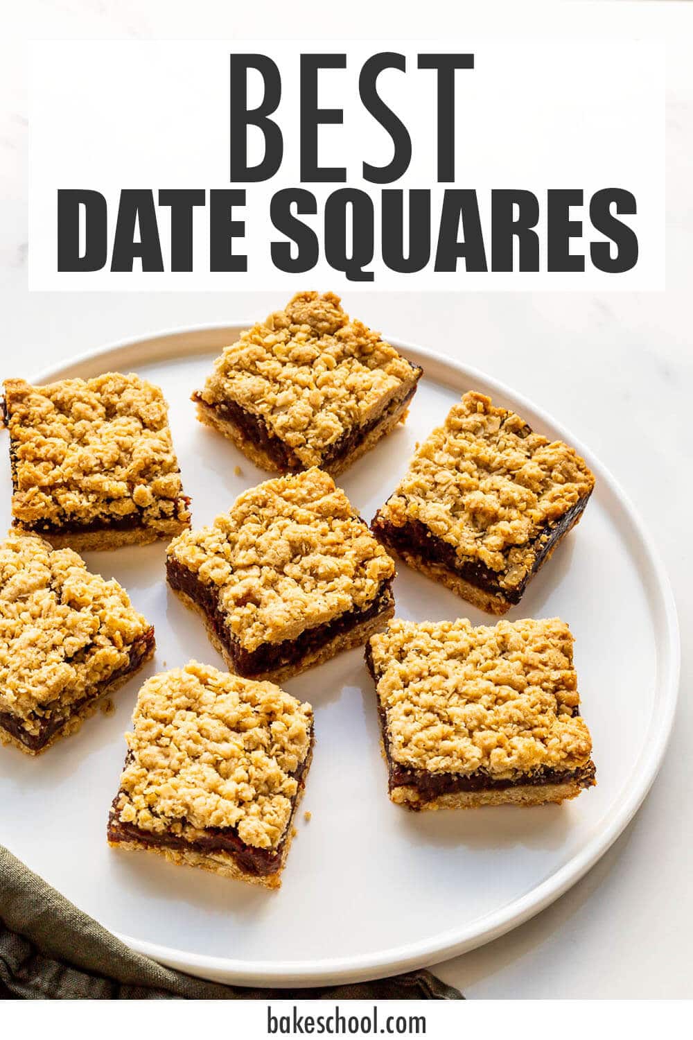A serving plate with date bars cut into squares.