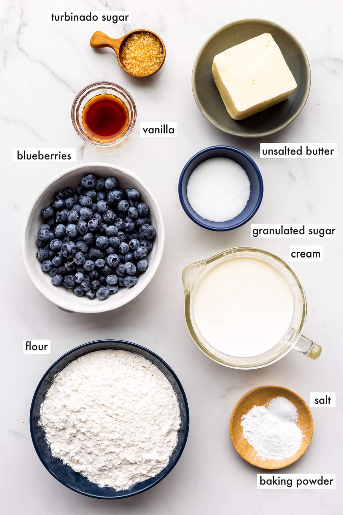 Ingredients to make blueberry scones measured out and ready to be mixed.