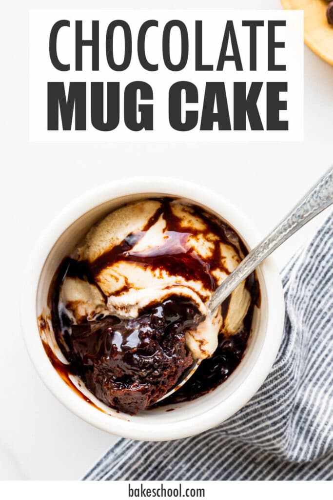 Chocolate mug cake topped with ice cream and chocolate sauce.