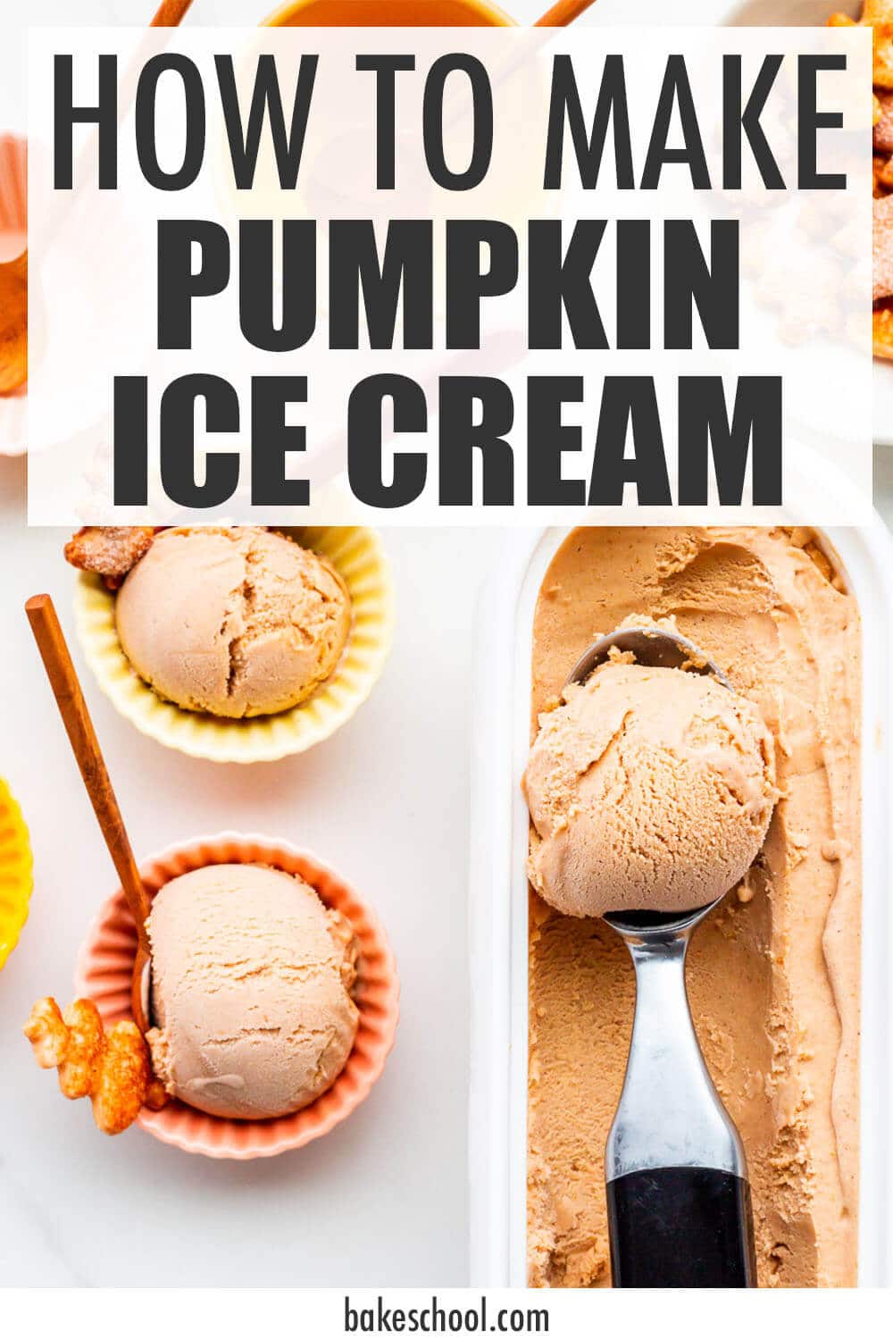 Scooping pumpkin ice cream into small bowls and serving with leaf-shaped pie crust cookies.
