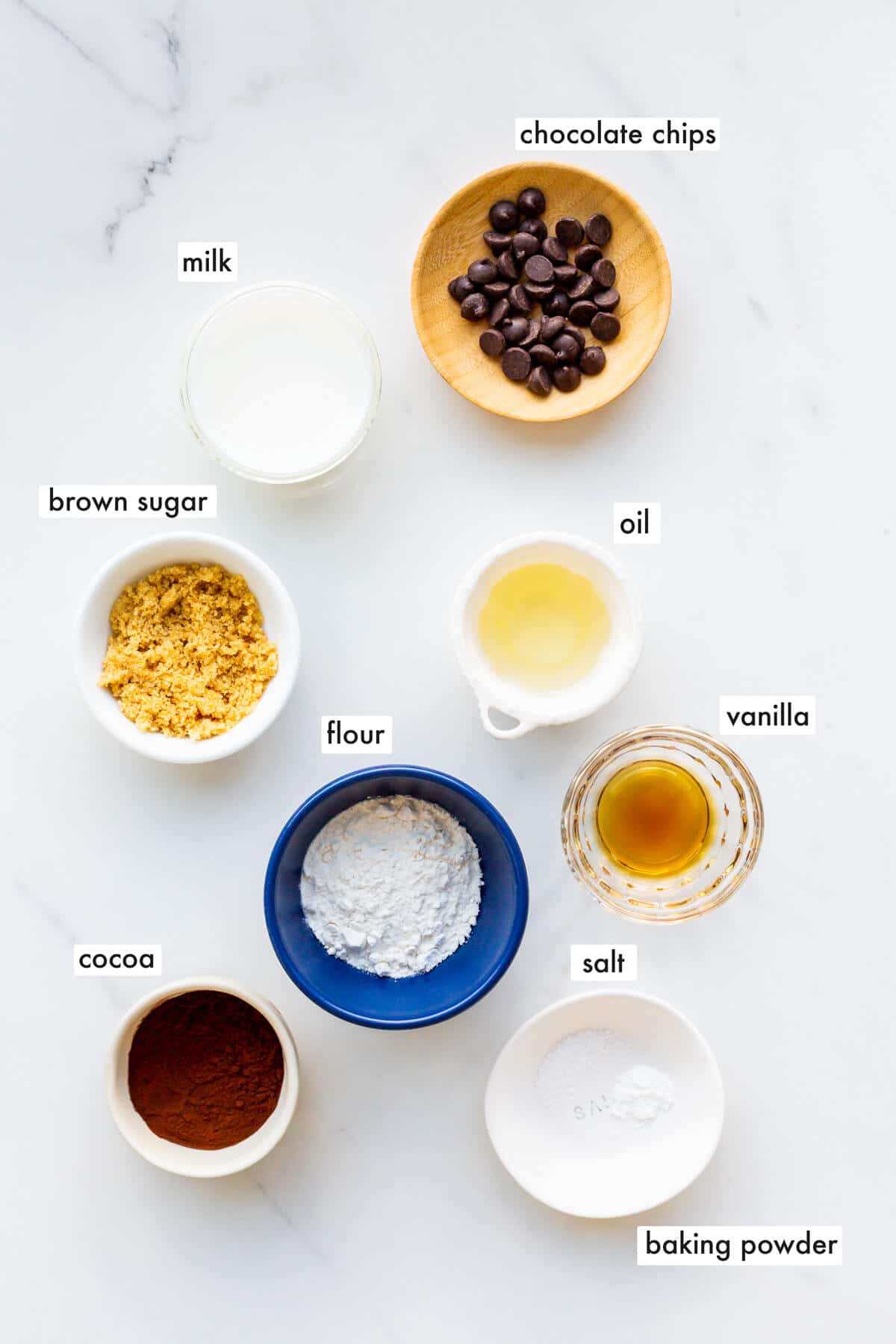 Ingredients to make a chocolate mug cake measured and ready to be mixed in a mug before microwaving.