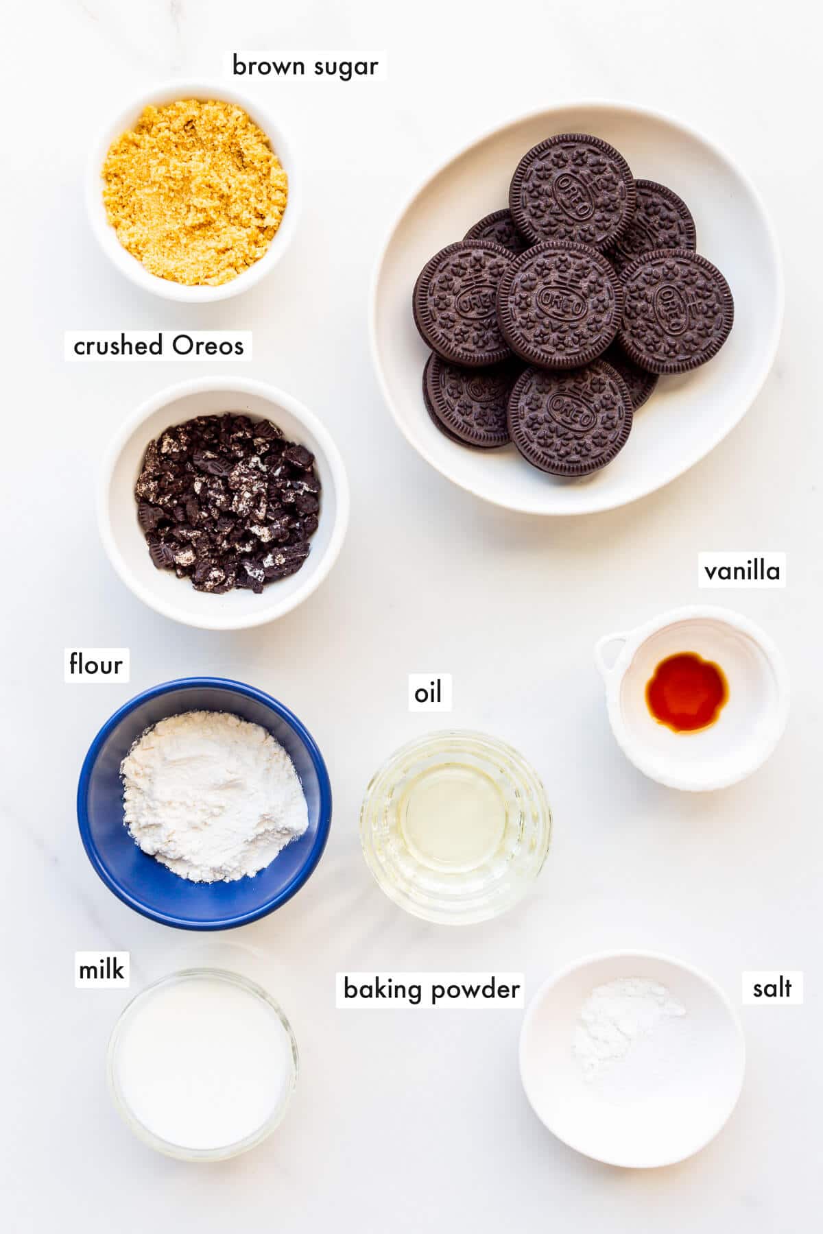 Image of ingredients to make a Oreo mug cake measured out.