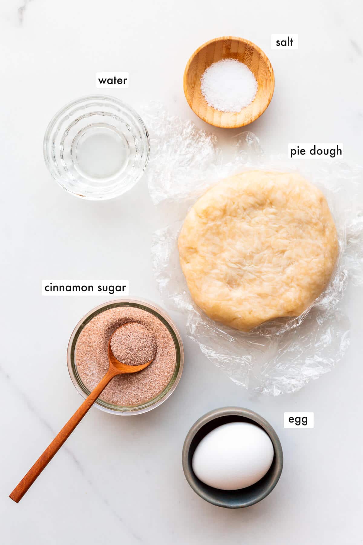 Ingredients to make pie crust cookies from leftover pie dough, measured out and ready to use.