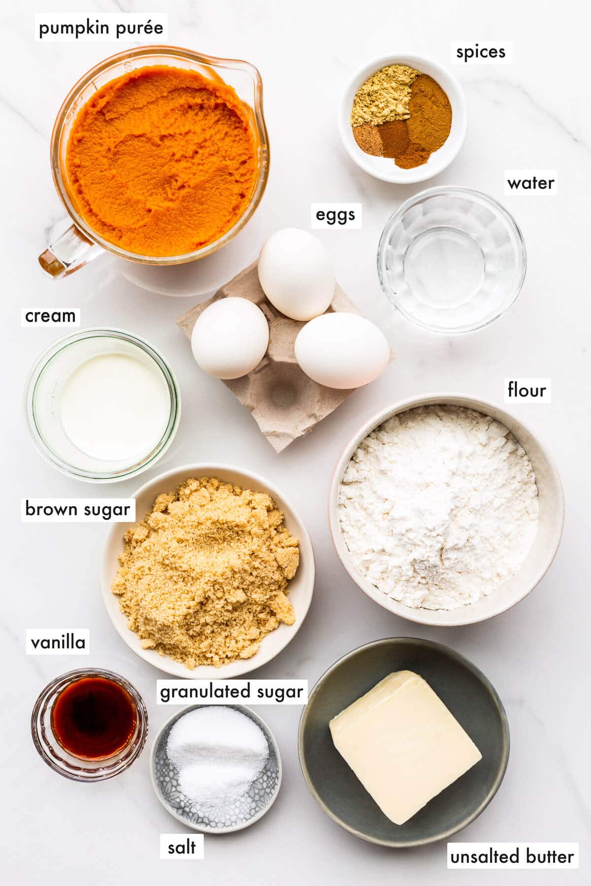 Ingredients to make a pumpkin pie without evaporated milk, measured out and ready to bake with.