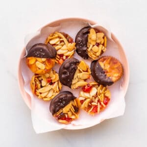 Florentine cookies dipped in chocolate.