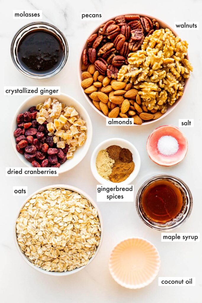 Ingredients to make gingerbread granola from scratch for homemade edible Christmas gifts.
