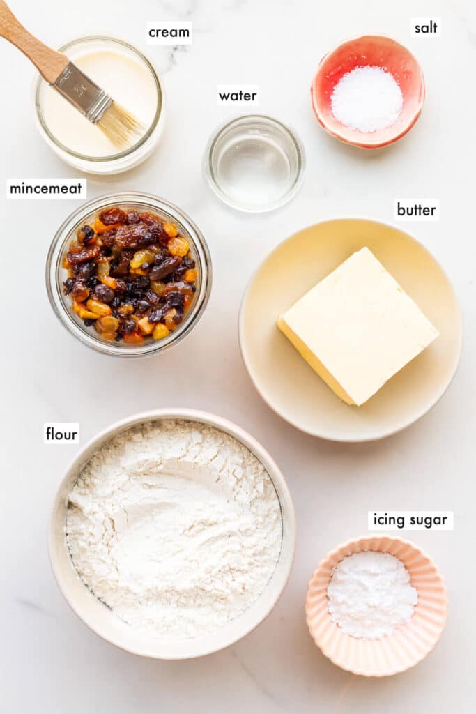 Ingredients to make mincemeat tarts from scratch.