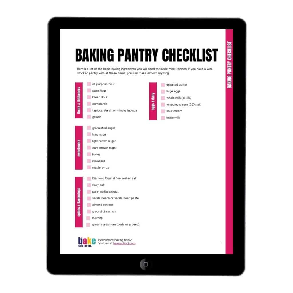 Baking ingredient pantry checklist displayed on a tablet.