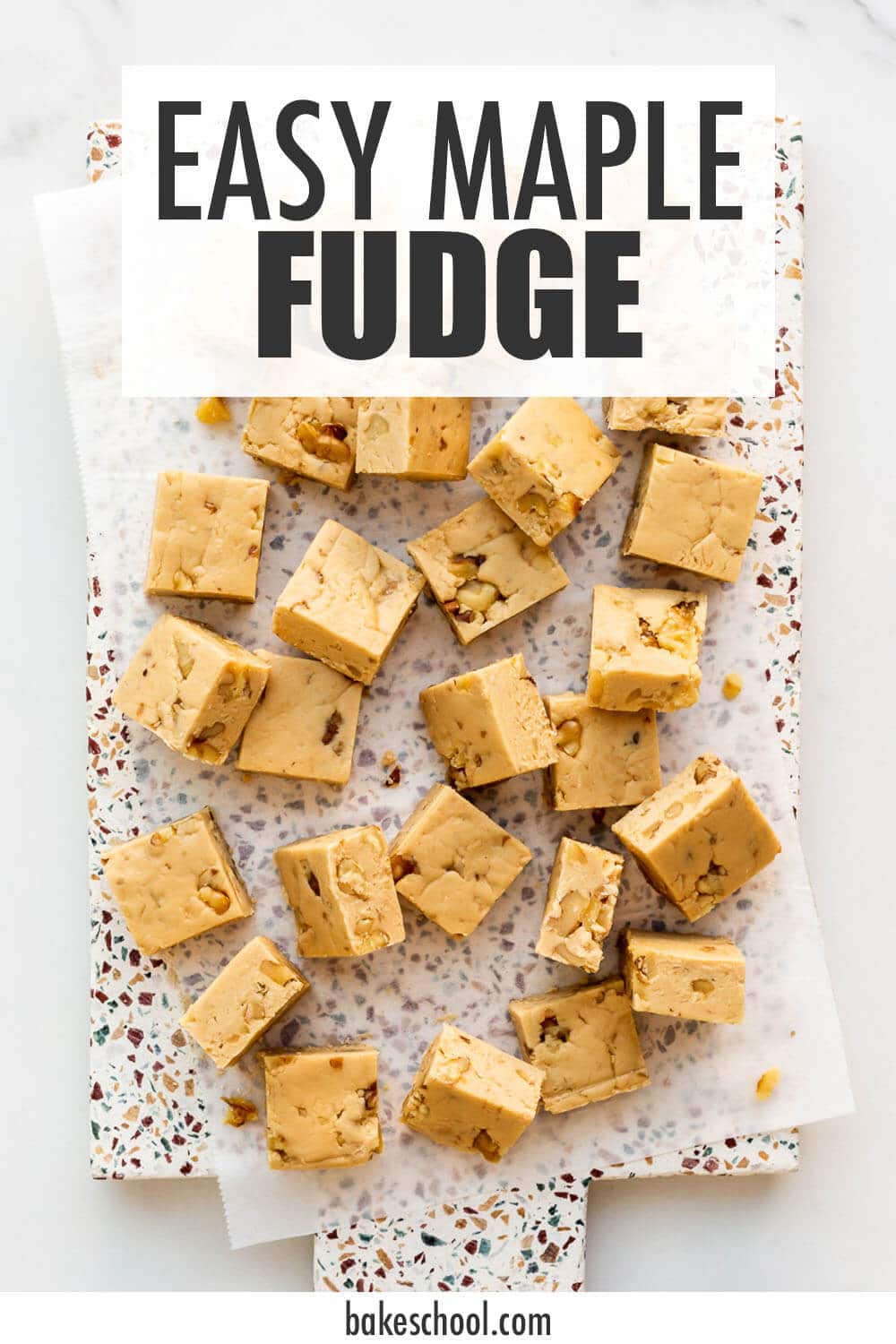 Squares of maple fudge with walnuts on a platter.
