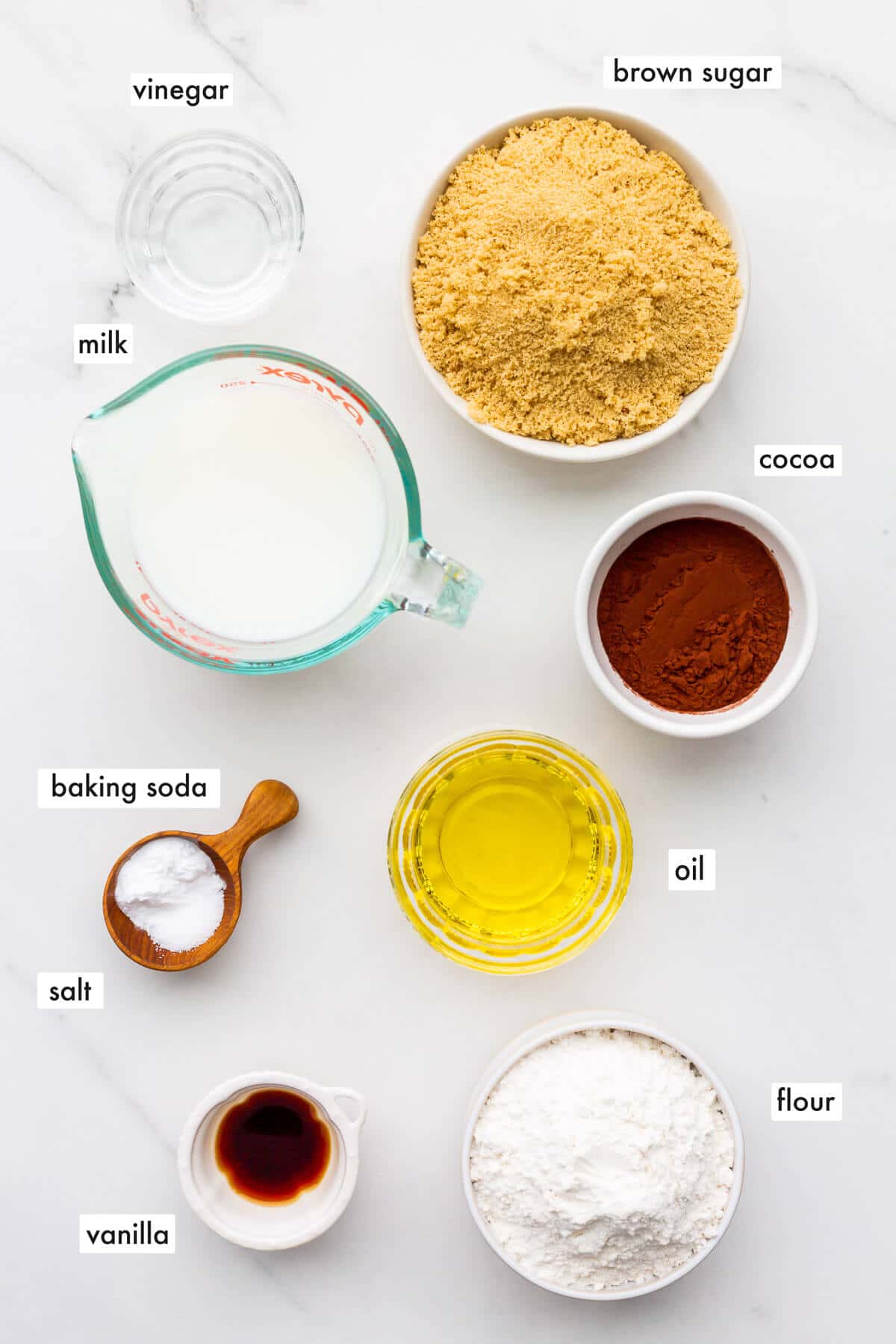 Ingredients to make an eggless chocolate cake in one bowl.