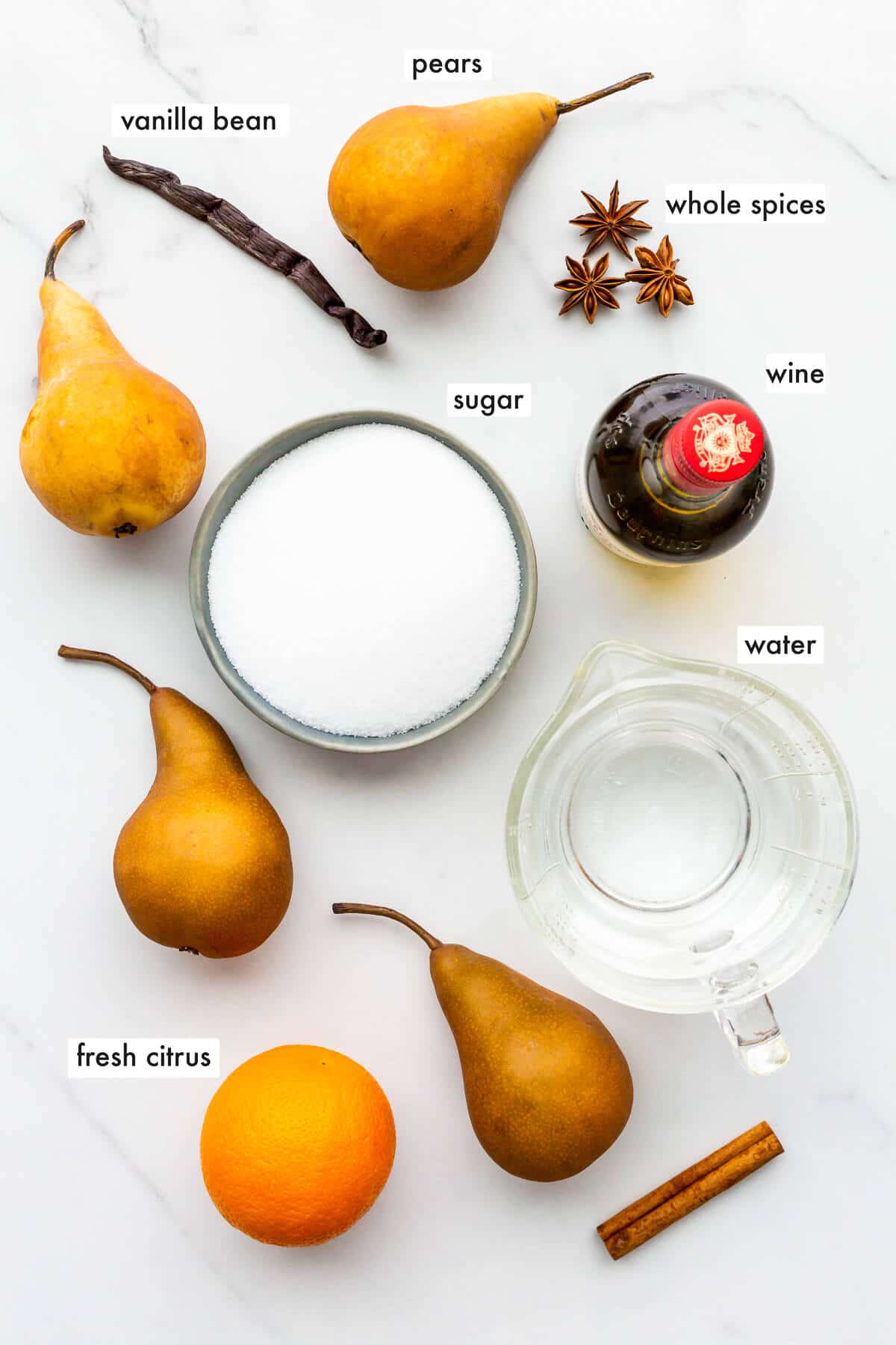 Ingredients to make poached pears measured out.