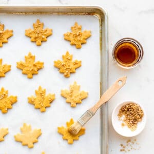 Maple shortbread cookies glazed with real maple syrup and maple flakes