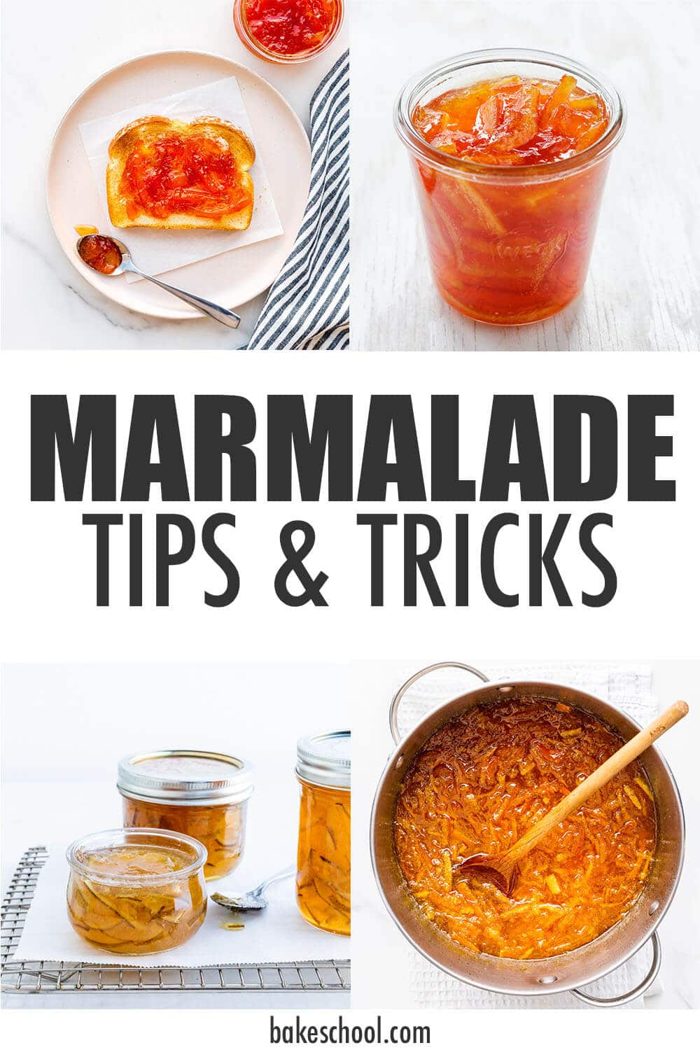 A collage of marmalade photos, including marmalade in jars, marmalade on toast, and a pot of marmalade stirred with a wooden spoon.