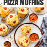 Pizza muffins served with marinara dipping sauce and hot pepper flakes.