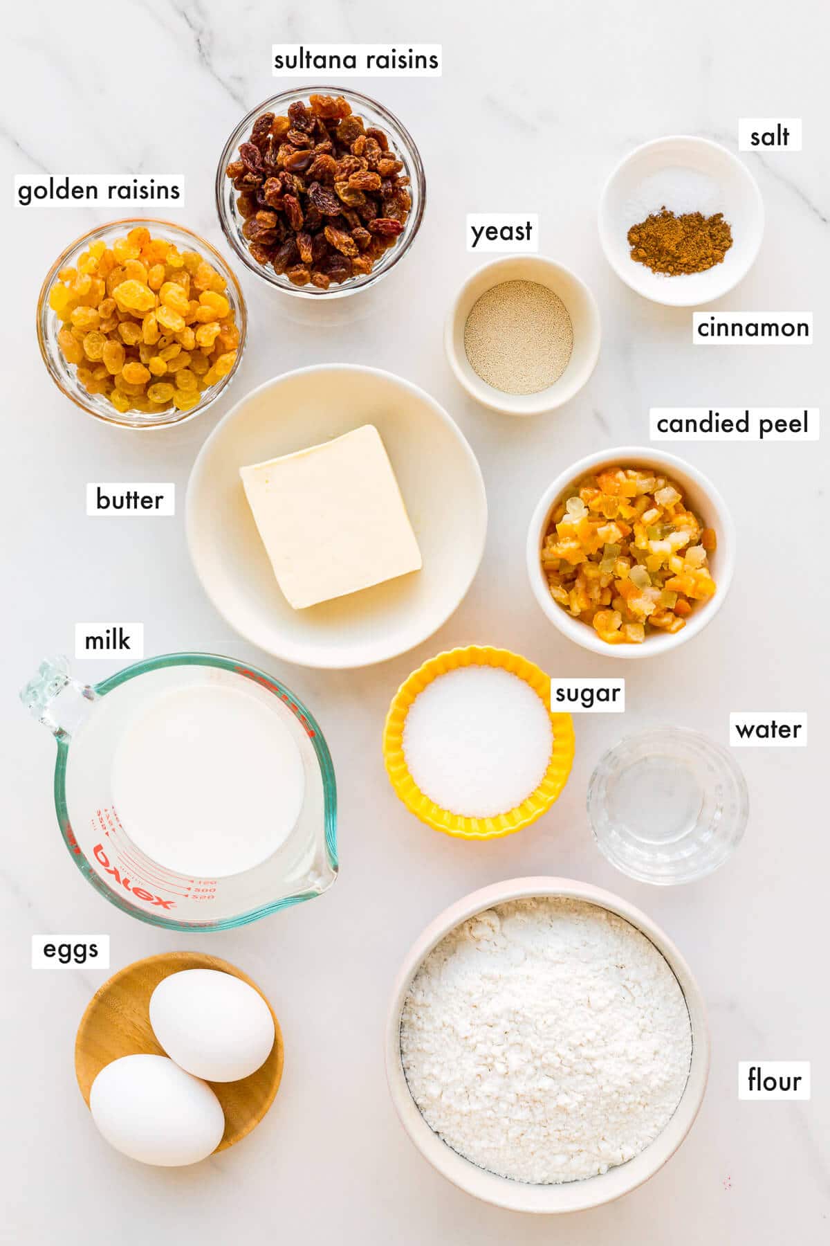 Ingredients to make fruit bread with instant yeast measured out.