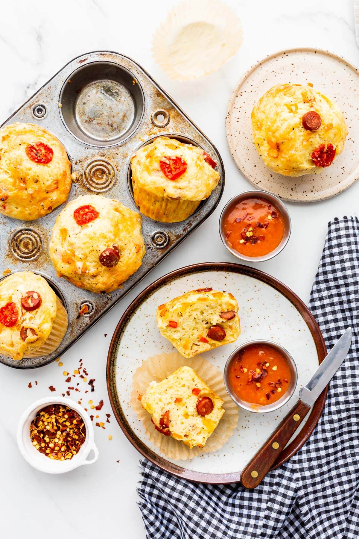 All-dressed pizza muffins served with marinara dipping sauce.