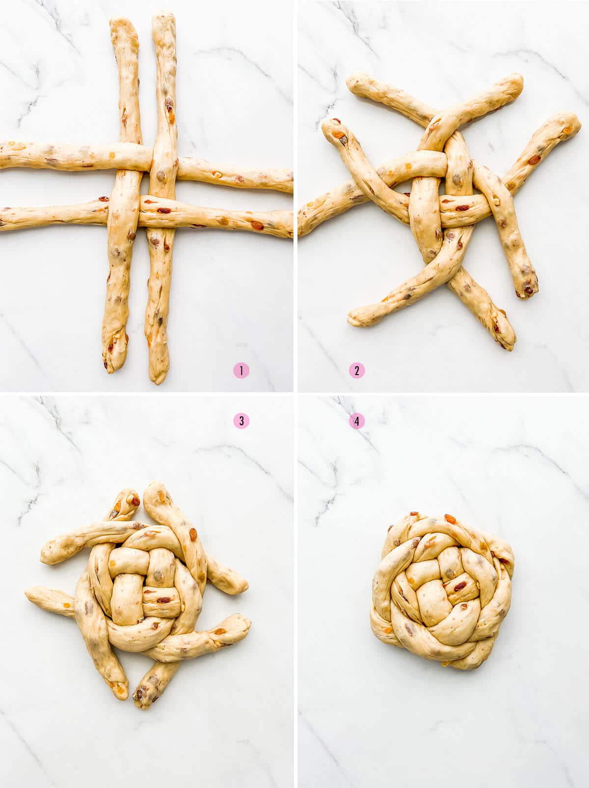 A collage of four images to show how to shape a braided boule from four strands of dough.