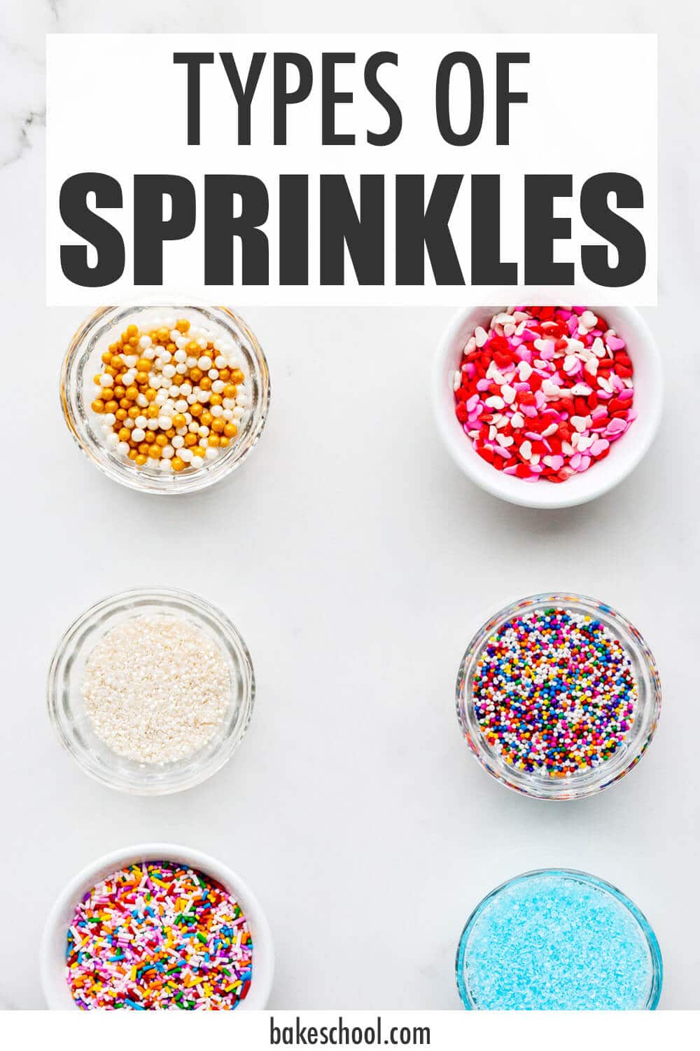 Different types of colourful sprinkles, quins, and sanding sugar in small bowls.