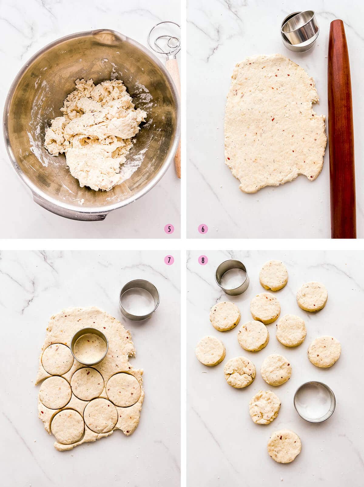 A collage of four photographs to show how to make savoury scone dough with cheese.