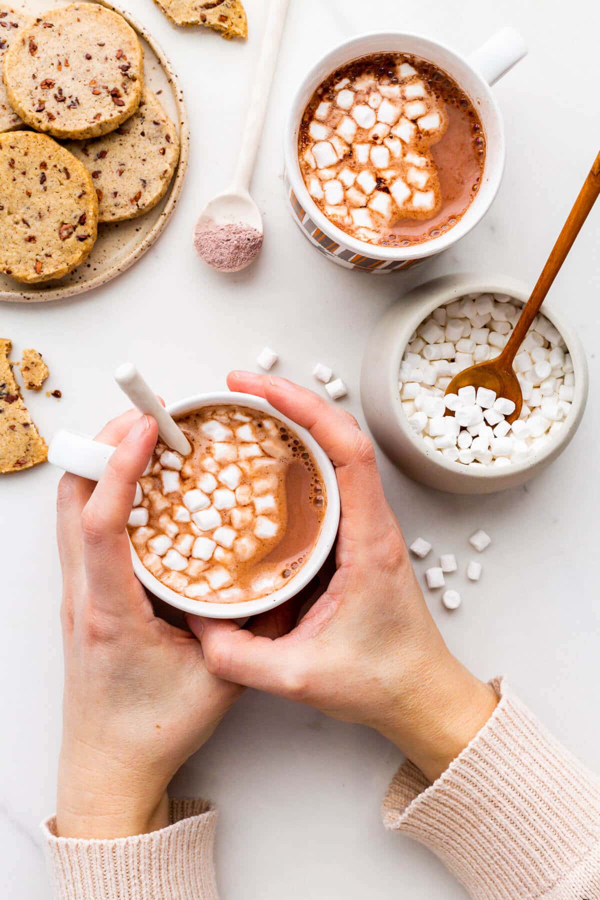 Hands holding a hot cup of cocoa with mini marshmallows scattered around.