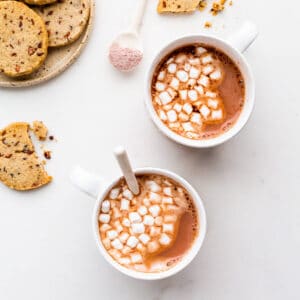 Cups of hot cocoa with cookies and mini marshmallows.