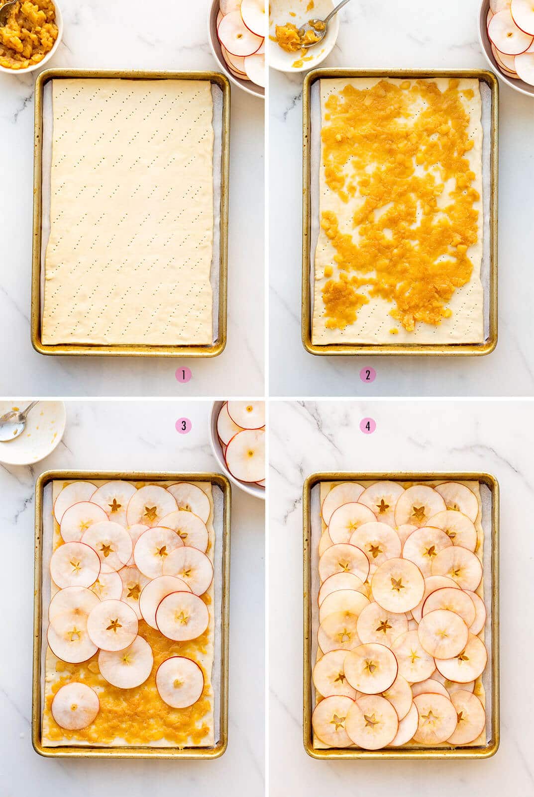 Collage of four images to show how to assemble an apple tart, starting with a sheet of puff pastry (image 1), smearing apple compote from edge to edge (image 2), layering sliced apples one by one (image 3), and completely covering the entire surface with sliced apples before baking (image 4)