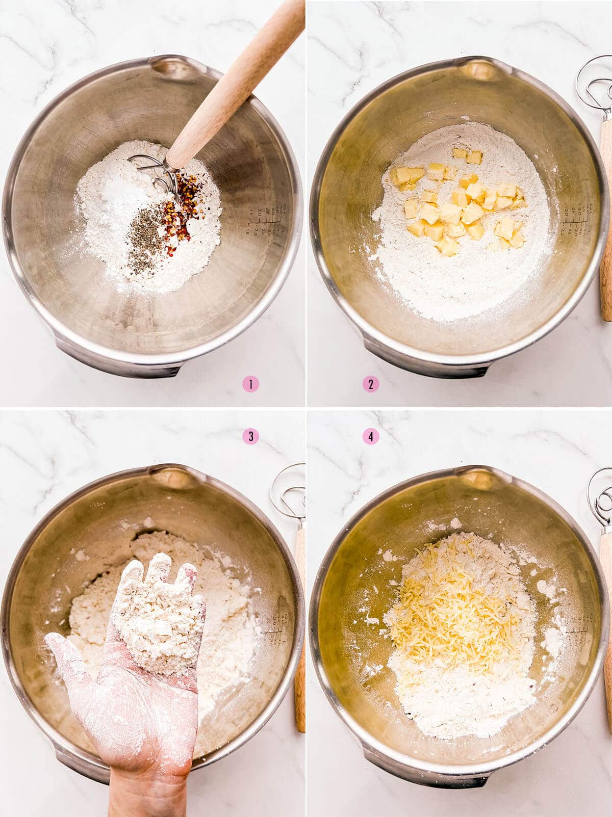 A collage of four photographs to show how to make scone dough with cheese.