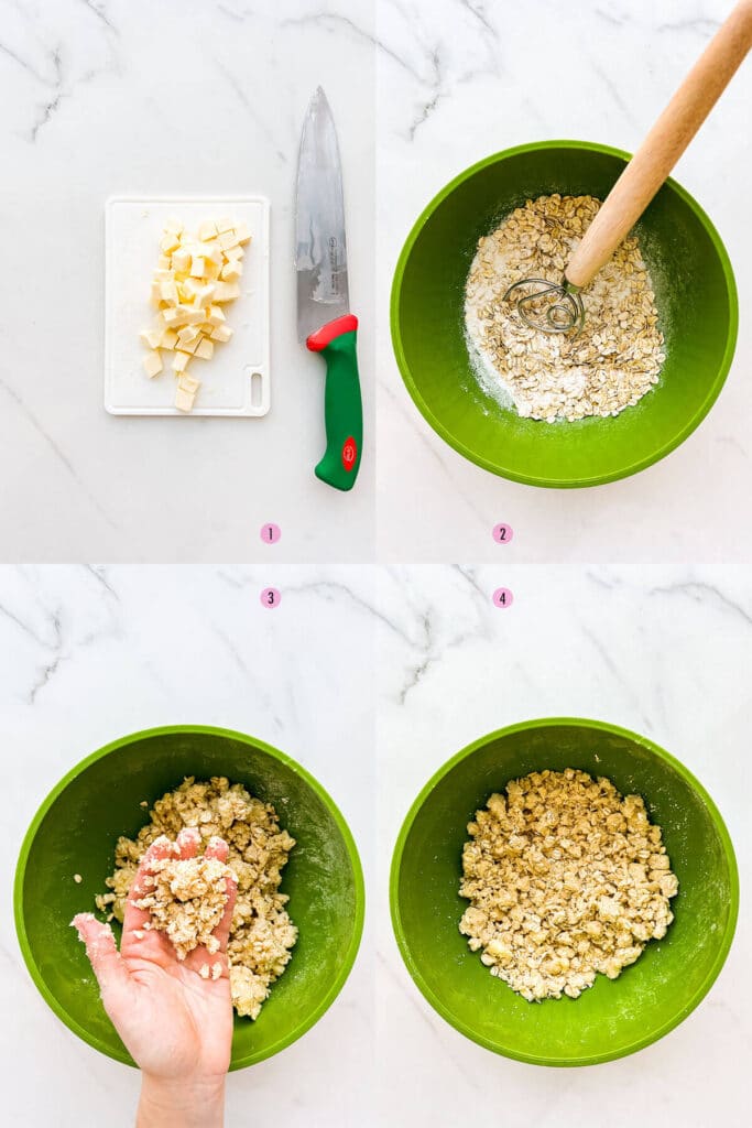 A collage of four images to show how to make a crumble topping for apple and blueberry crisp.